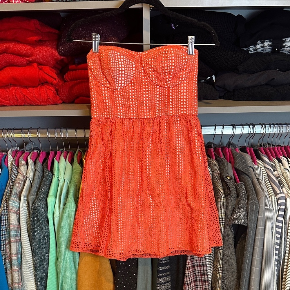 Parker deep coral strapless back zipper closure lined mini dress size XS